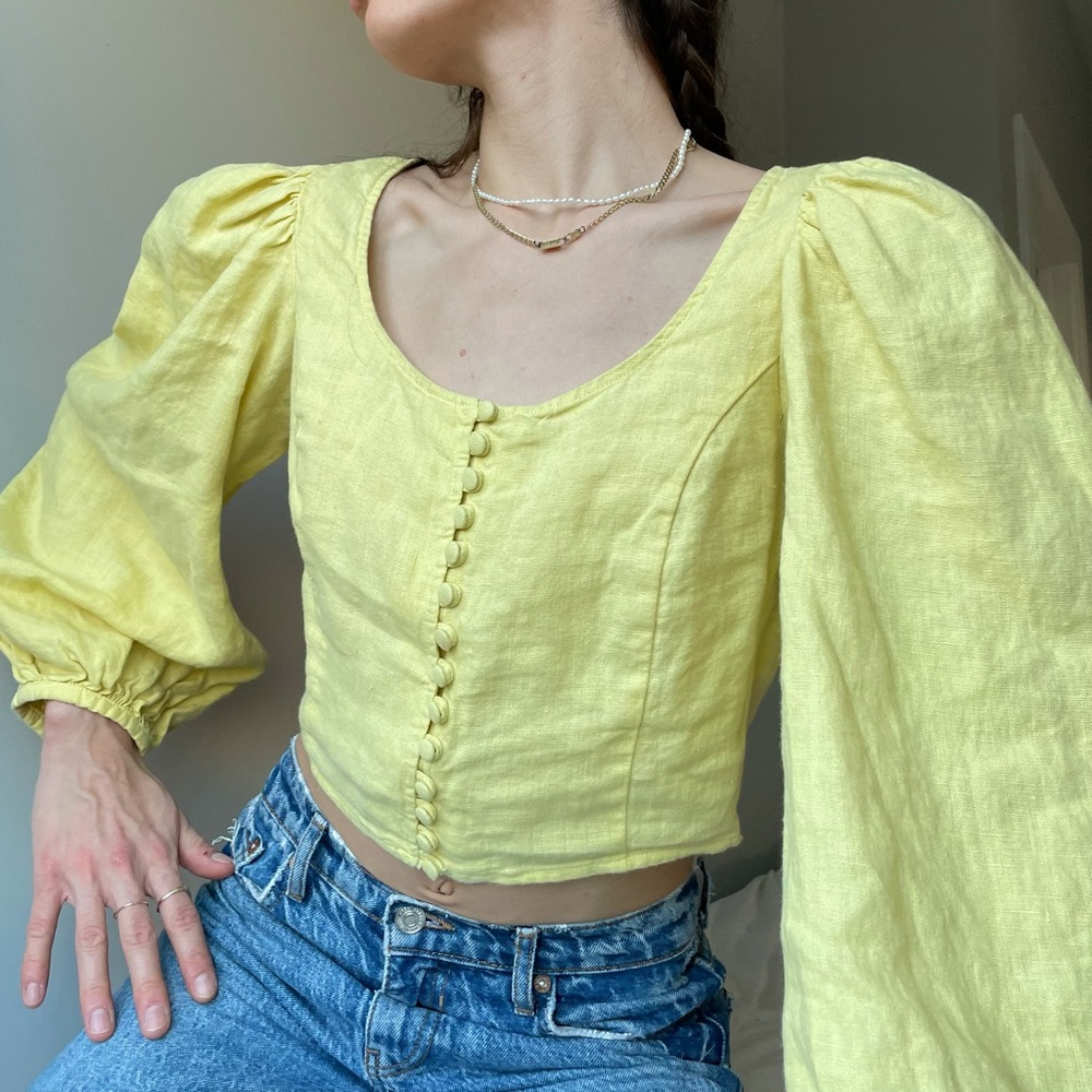h&m lemon linen puff sleeve blouse